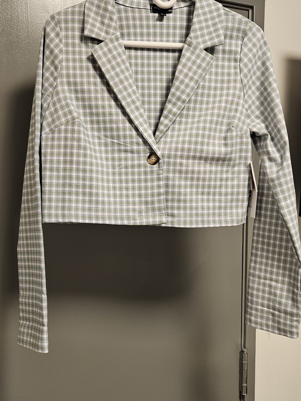 Cropped Plaid Blazer Jacket - Light Green & White. Preppy, Office, Trendy